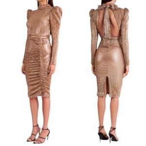 Lavish Alice Gold Sequin Open Back Long Puff Sleeve Midi Cocktail Party Dress 2